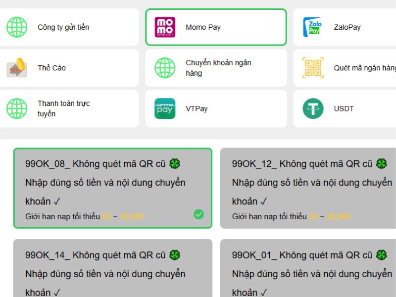 Nạp tiền 99OK bằng ví điện tử Momo